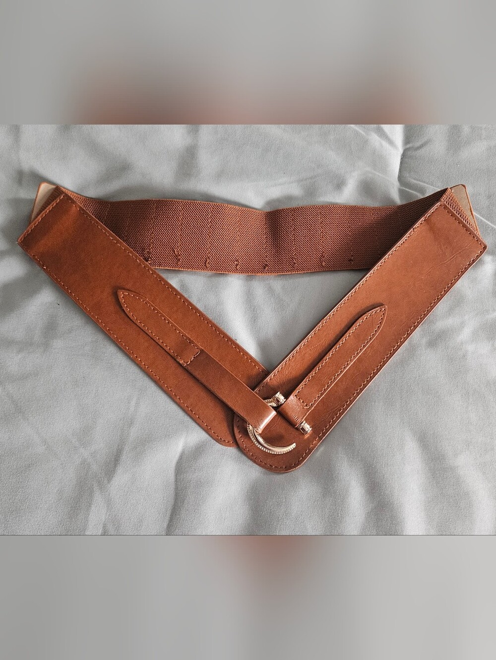Women's Brown Leather Elastic Belt with Metal Buckle